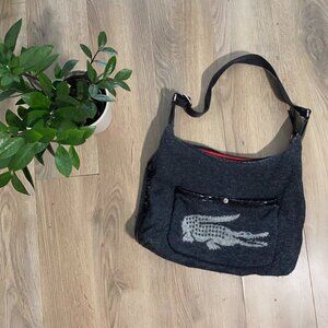 LACOSTE Charcoal Wool Logo Shoulder Bag with Front Pouch and Nylon Strap